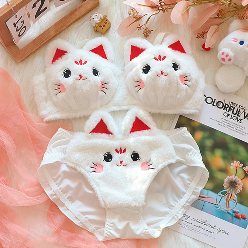 Cute Japanese Plush Bra, Push Up Wire Free Warm Winter Bra