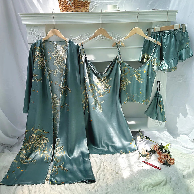 Cherry Print 5 Piece Pajama Set, Women's Thin KneeLength Nightgown