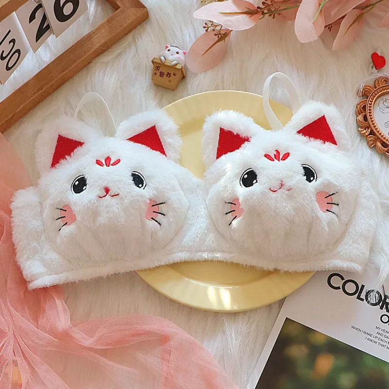 Cute Japanese Plush Bra, Push Up Wire Free Warm Winter Bra