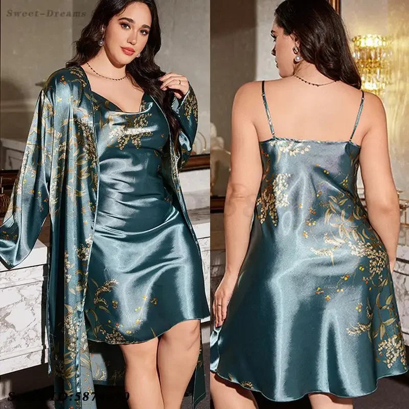 Cherry Print 2 Piece Satin Robe & Nightgown Set, Kimono Bathrobe