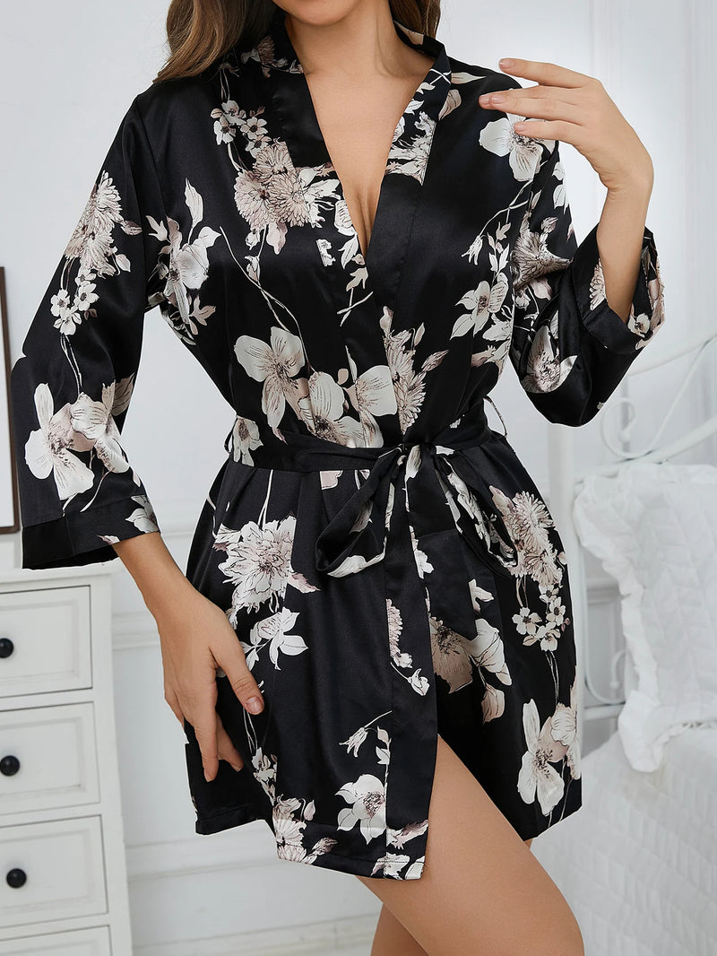 Women's Floral Kimono Robe, Lightweight Tie Waist Bathrobe, Short Summer Robe, V Neck Loungewear, Bridesmaid Robe