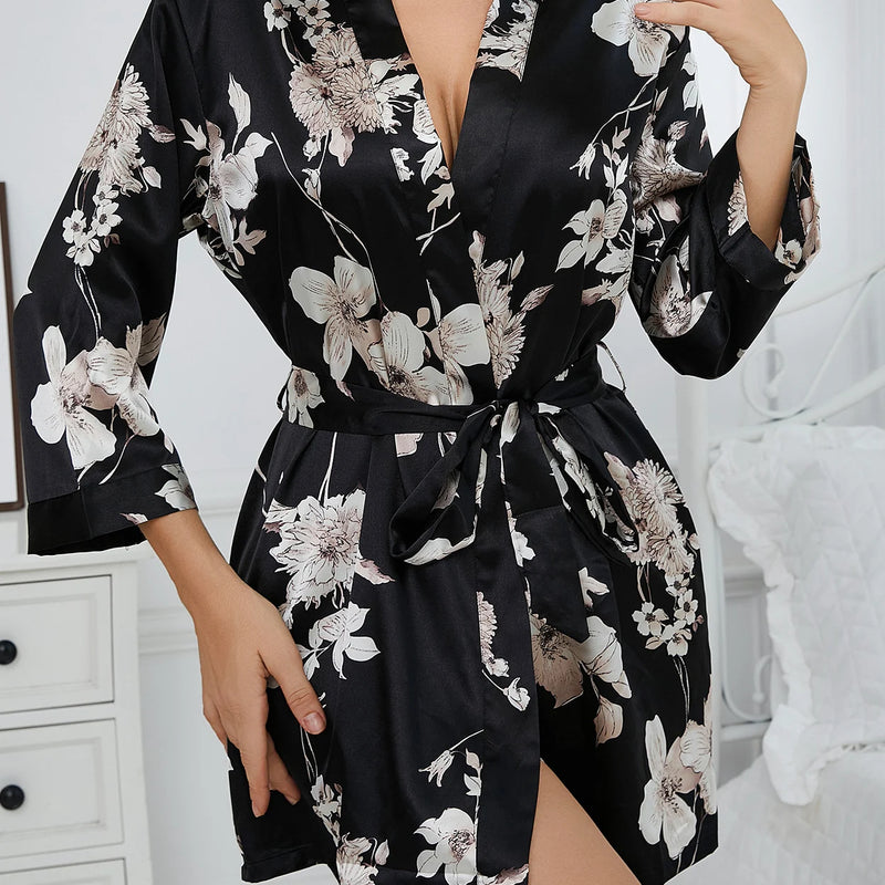 Women's Floral Kimono Robe, Lightweight Tie Waist Bathrobe, Short Summer Robe, V Neck Loungewear, Bridesmaid Robe