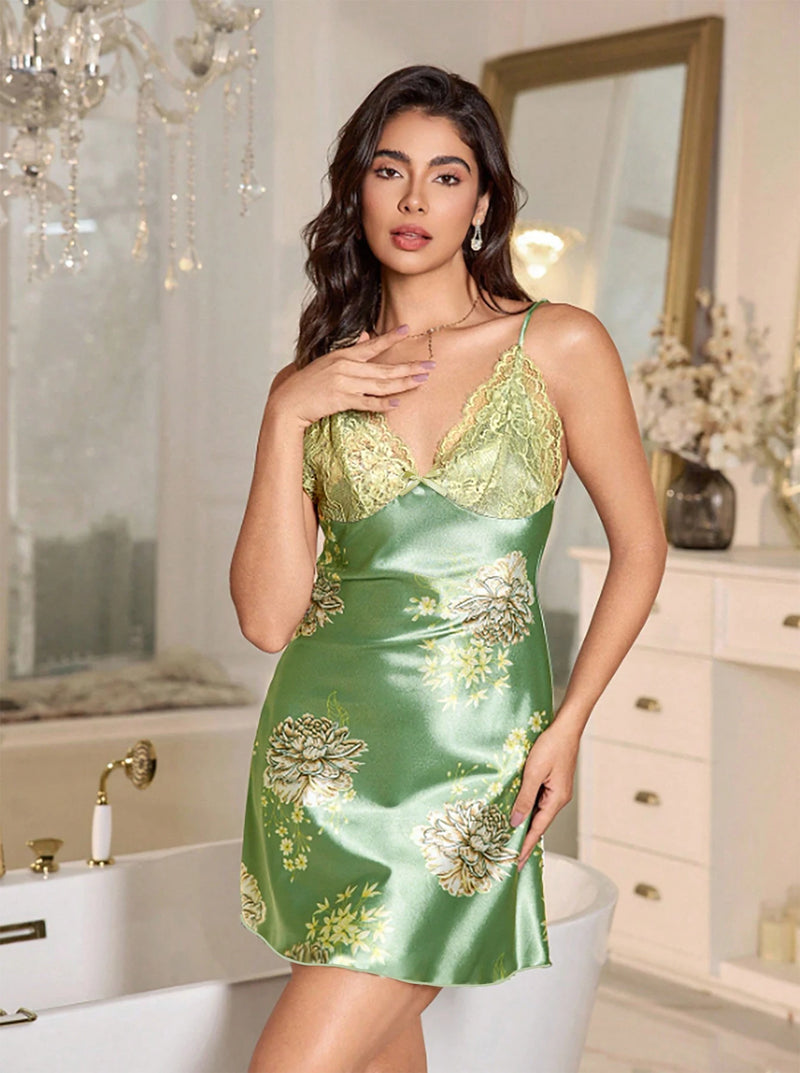 Women's Satin Floral Nightgown, Lace V Neck Slip Dress, Spaghetti Strap Sleepwear