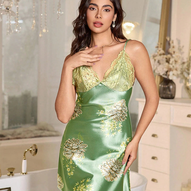 Women's Satin Floral Nightgown, Lace V Neck Slip Dress, Spaghetti Strap Sleepwear