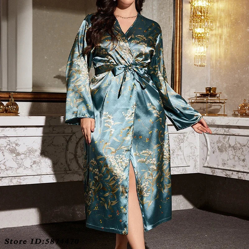 Cherry Print 2 Piece Satin Robe & Nightgown Set, Kimono Bathrobe