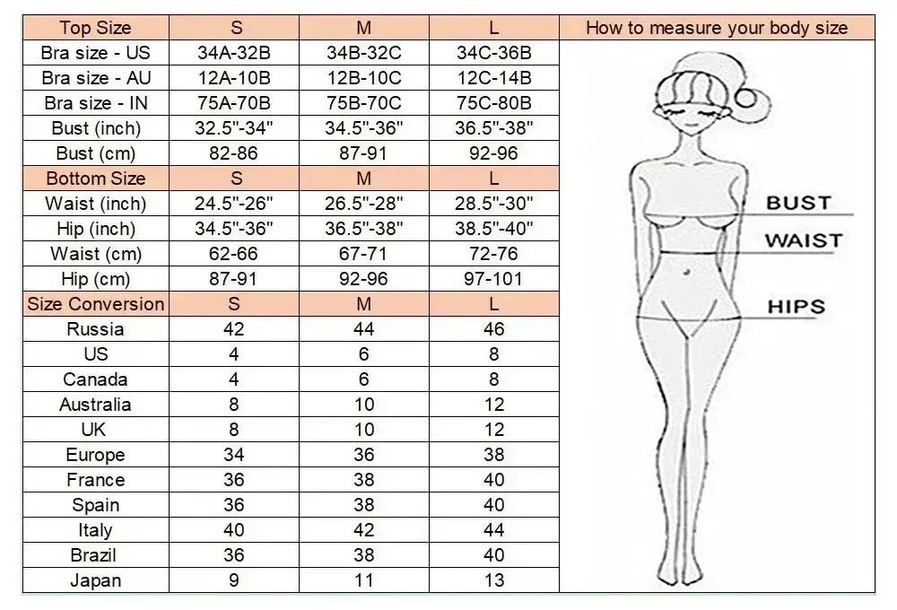 Women's Denim Print Bikini Set, Deep V Two Piece Swimsuit, Low Rise Bathing Suit, Push Up Beach Swimwear Size Guide