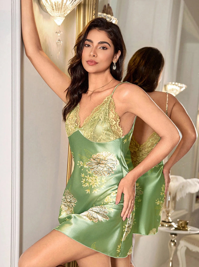 Women's Satin Floral Nightgown, Lace V Neck Slip Dress, Spaghetti Strap Sleepwear