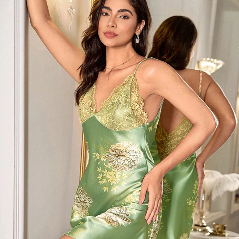 Women's Satin Floral Nightgown, Lace V Neck Slip Dress, Spaghetti Strap Sleepwear