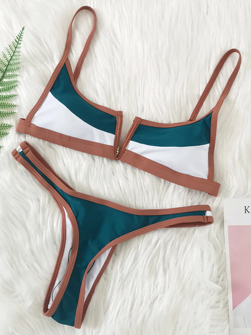 Women's Denim Print Bikini Set, Deep V Two Piece Swimsuit, Low Rise Bathing Suit, Push Up Beach Swimwear