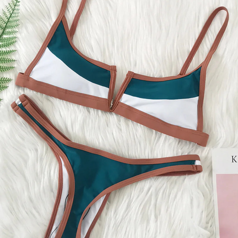 Women's Denim Print Bikini Set, Deep V Two Piece Swimsuit, Low Rise Bathing Suit, Push Up Beach Swimwear