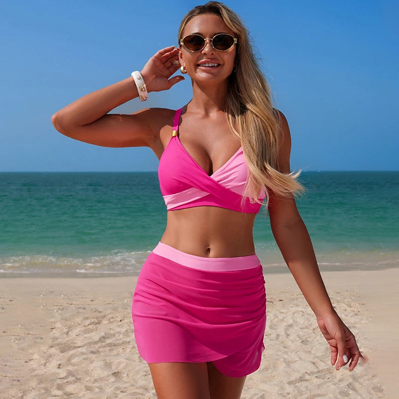 Women's Bikini Set with Skirt, Vest Top Two Piece Swimsuit, Patchwork Swimwear