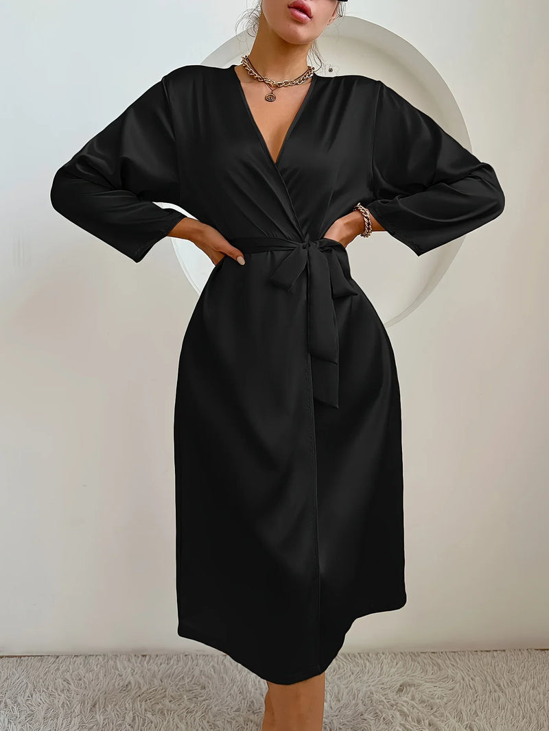 Elegant Satin Belted Robe, Silky Solid Color Bathrobe Loungewear