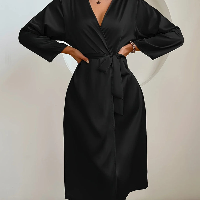Elegant Satin Belted Robe, Silky Solid Color Bathrobe Loungewear