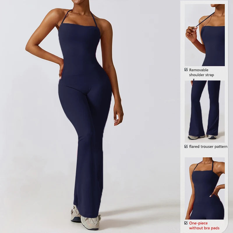 Women's Yoga Jumpsuit, Flared Workout Jumpsuit, Sleeveless Activewear, Backless Gym Outfit, Pilates Exercise Romper, Sportswear