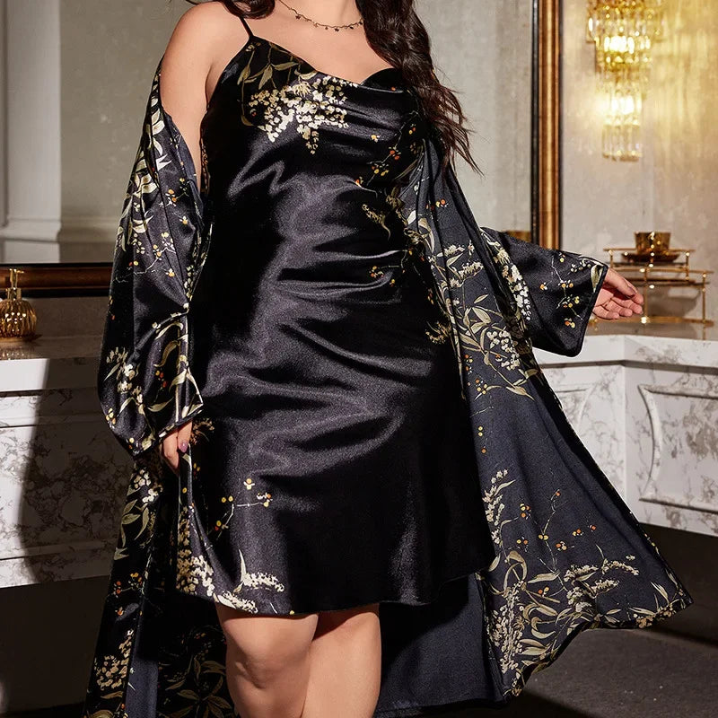 Cherry Print 2 Piece Satin Robe & Nightgown Set, Kimono Bathrobe