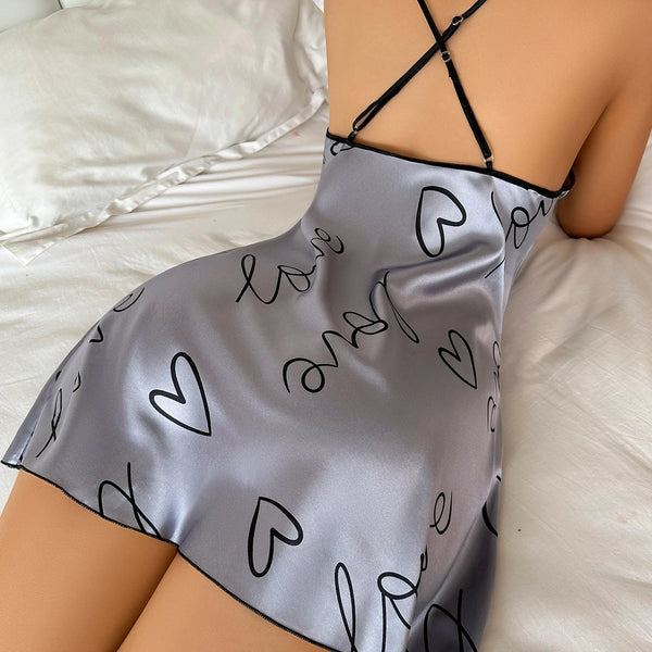 Women's Heart Print Nightgown, Sleeveless Mini Sleep Dress, Soft Summer Nightwear