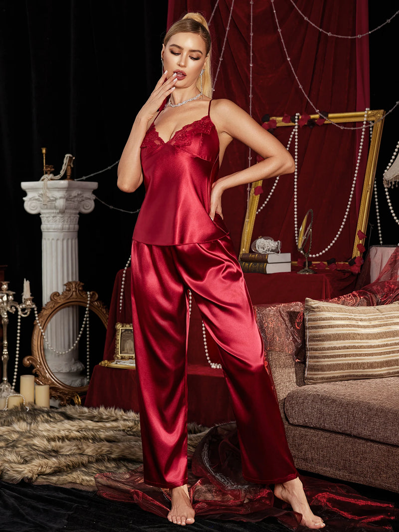 Lace Trim Camisole Pajama Set, Women's Soft Ankle Length Sleepwear