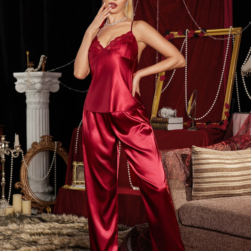 Lace Trim Camisole Pajama Set, Women's Soft Ankle Length Sleepwear