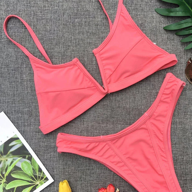 Women's Denim Print Bikini Set, Deep V Two Piece Swimsuit, Low Rise Bathing Suit, Push Up Beach Swimwear