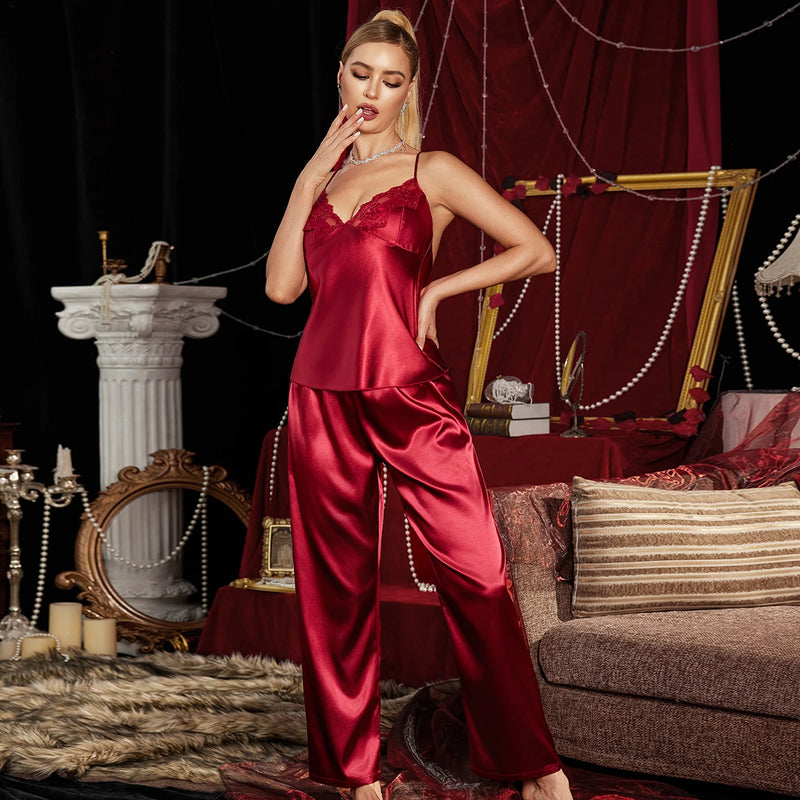Lace Trim Camisole Pajama Set, Women's Soft Ankle Length Sleepwear