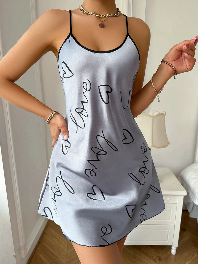 Women's Heart Print Nightgown, Sleeveless Mini Sleep Dress, Soft Summer Nightwear