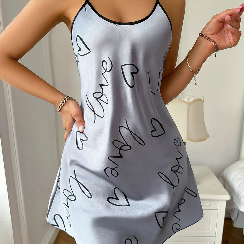 Women's Heart Print Nightgown, Sleeveless Mini Sleep Dress, Soft Summer Nightwear