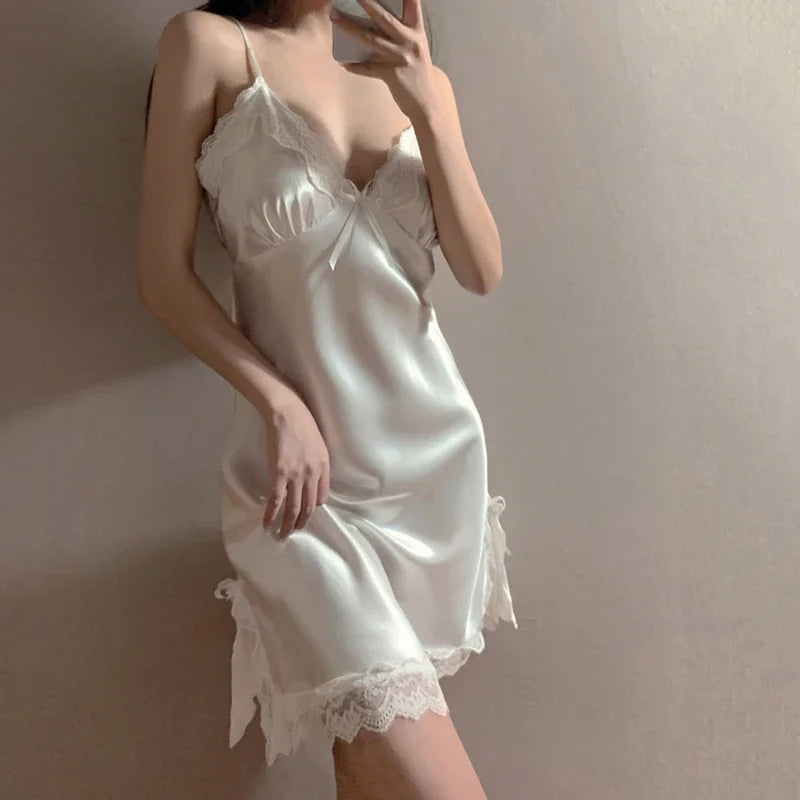 Women's Satin Lace Nightgown, White V Neck Chemise, Sleeveless Sleep Dress, Side Slit Nightwear, Silk Feel Nightdress