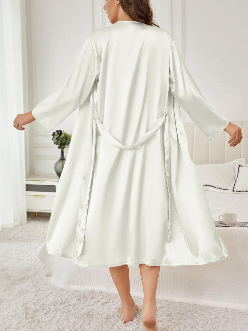 Elegant Satin Belted Robe, Silky Solid Color Bathrobe Loungewear