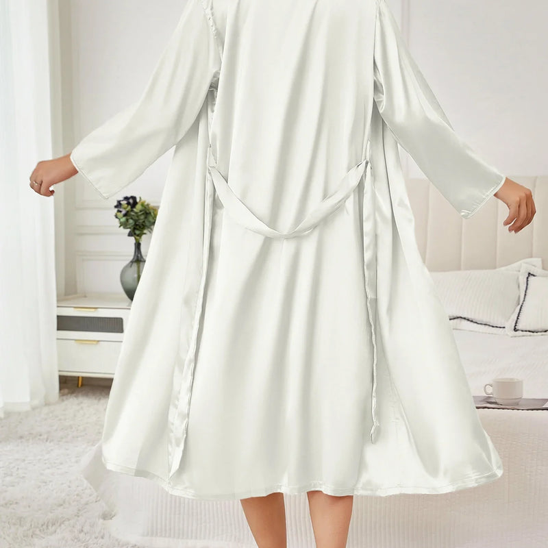 Elegant Satin Belted Robe, Silky Solid Color Bathrobe Loungewear