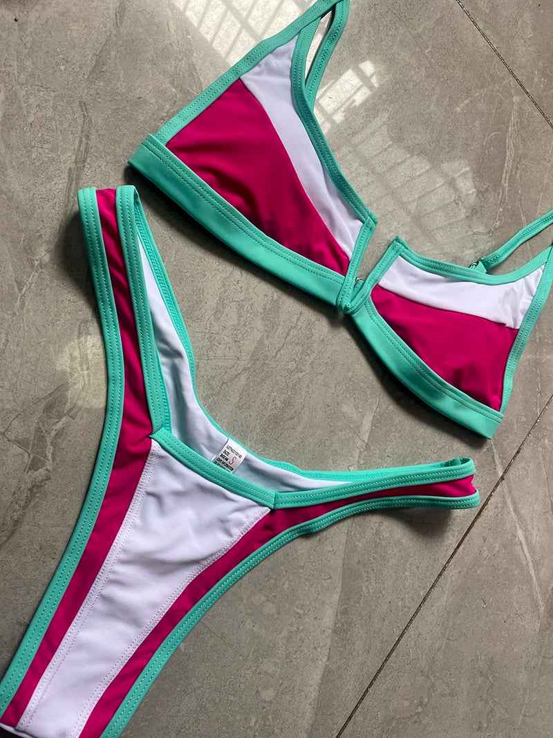 Women's Denim Print Bikini Set, Deep V Two Piece Swimsuit, Low Rise Bathing Suit, Push Up Beach Swimwear