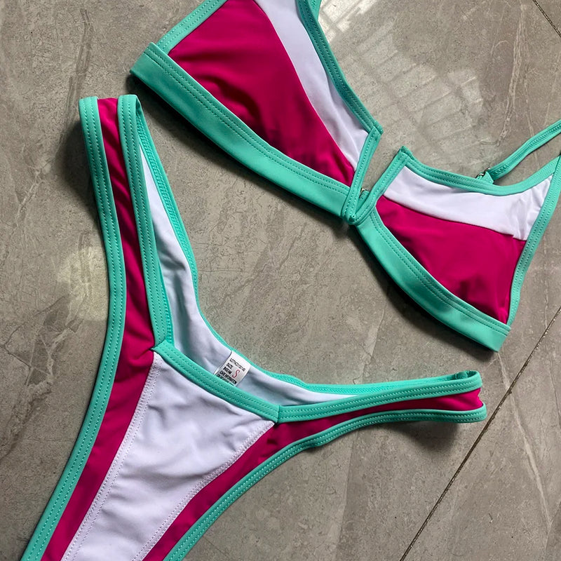 Women's Denim Print Bikini Set, Deep V Two Piece Swimsuit, Low Rise Bathing Suit, Push Up Beach Swimwear