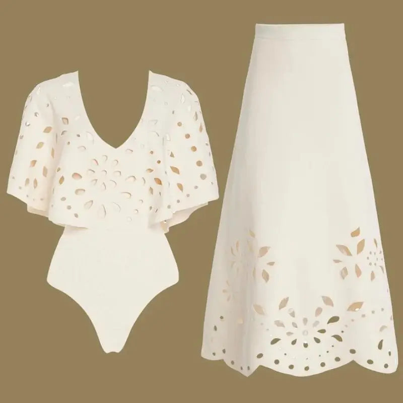 Solid Laser Cut High Waist Deep V Neck Bikini Set, High End Swimwear