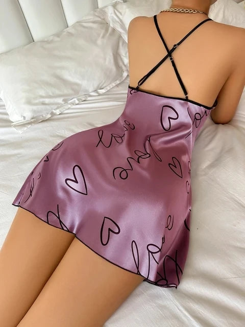 Women's Heart Print Nightgown, Sleeveless Mini Sleep Dress, Soft Summer Nightwear