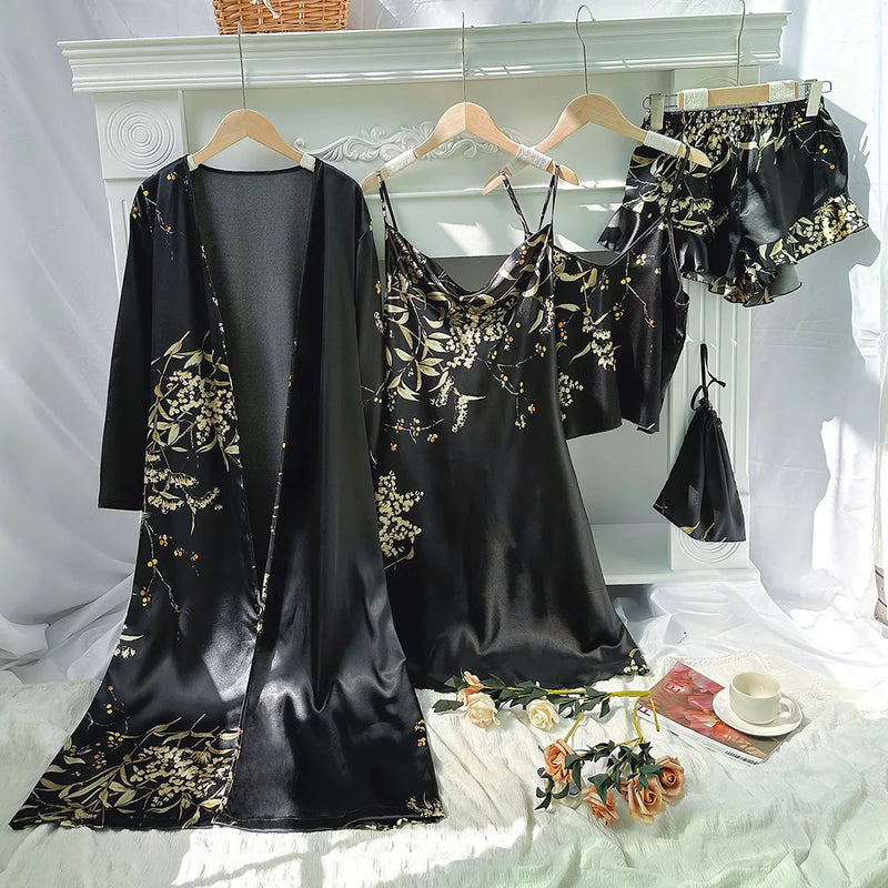 Cherry Print 5 Piece Pajama Set, Women's Thin KneeLength Nightgown