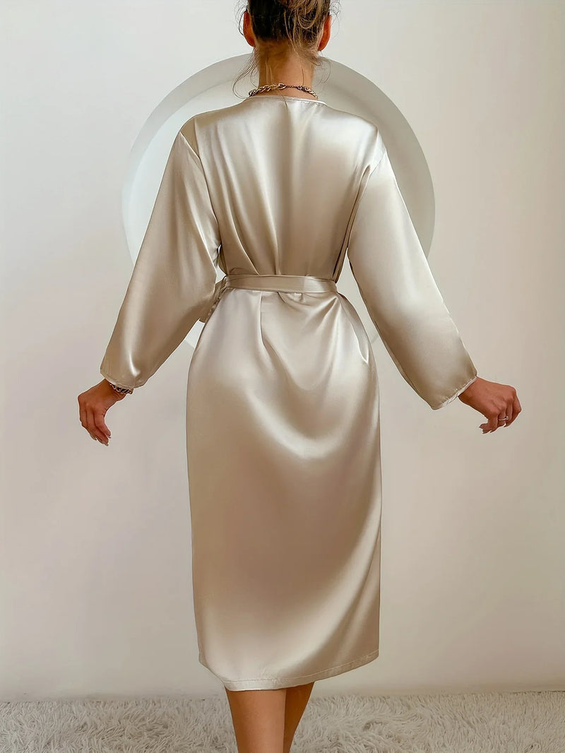 Elegant Satin Belted Robe, Silky Solid Color Bathrobe Loungewear