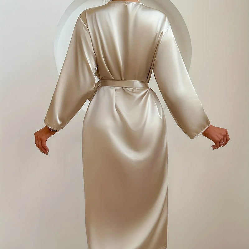 Elegant Satin Belted Robe, Silky Solid Color Bathrobe Loungewear