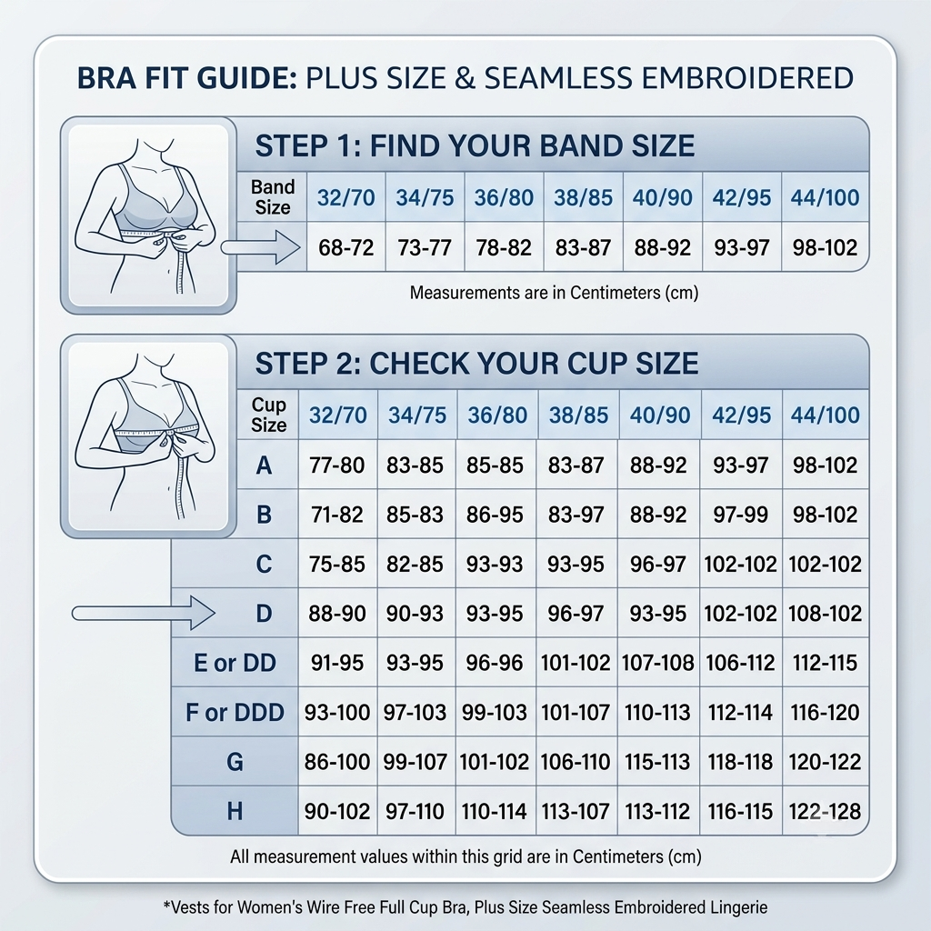 Women's Wire Free Full Cup Bra, Plus Size Seamless Embroidered Lingerie Size Guide