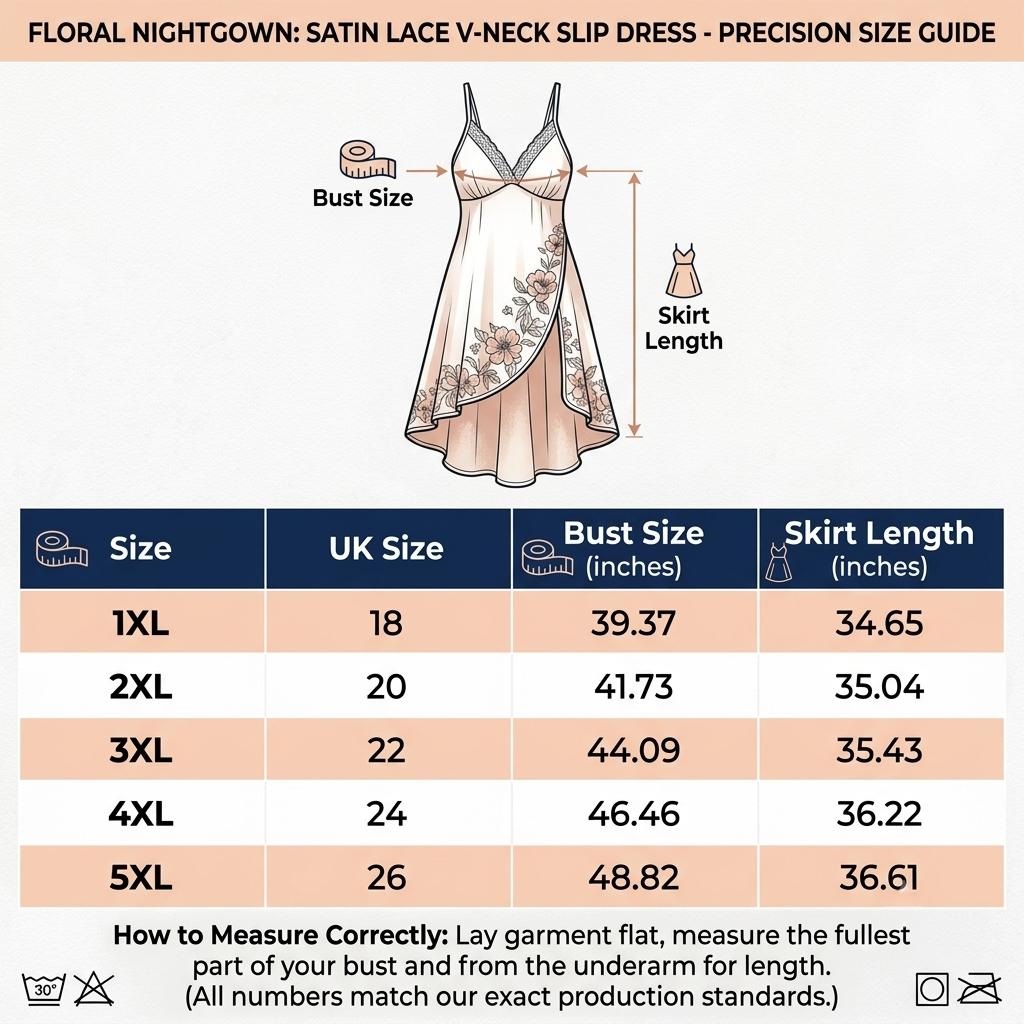 Women's Satin Floral Nightgown, Lace V Neck Slip Dress, Spaghetti Strap Sleepwear Size Guide
